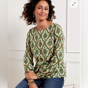 Talbots Floral Lattice Cotton Print Blouse Green Metallic Gold Size LARGE 2023